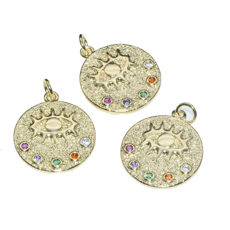 Jewelry Charms High Quality Color Remain Gold Plated  Rainbow CZ Setting Round Pendant  Charms for DIY Women Necklace