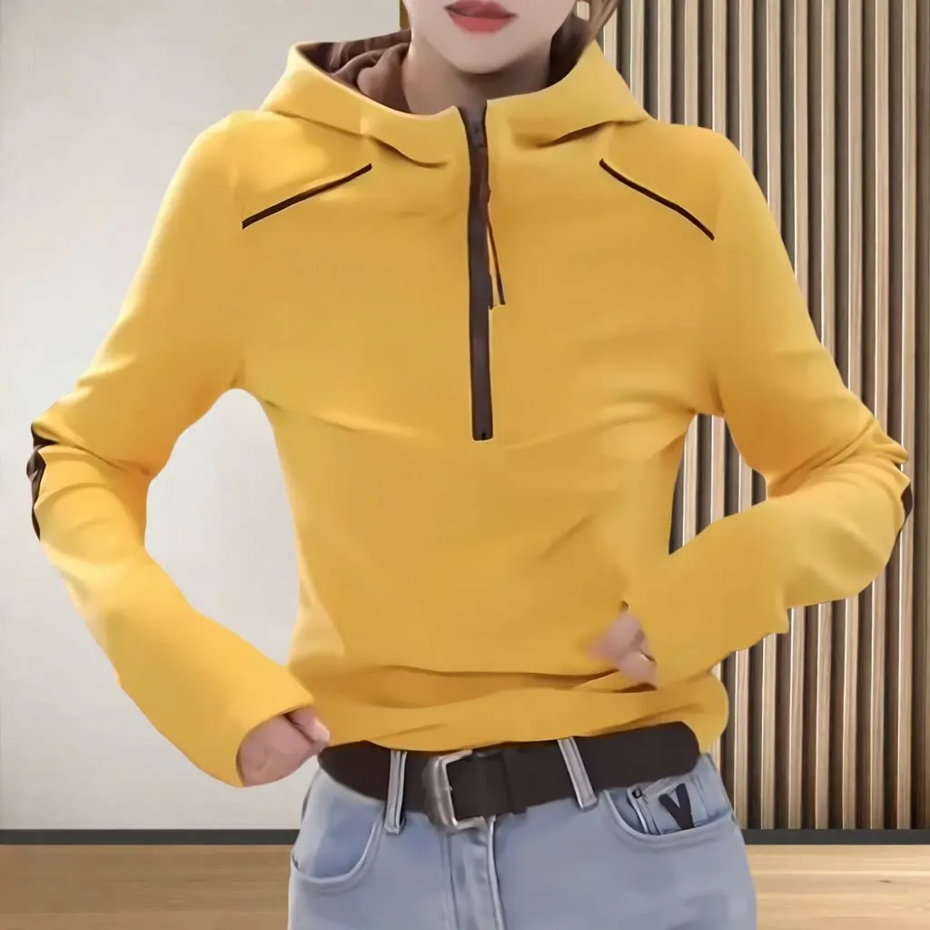 Color Block Hooded Half Zipper Base Shirt Women's Winter Warm Top Polyester Spandex Blend Casual Fit Long Sleeve T-Shirt