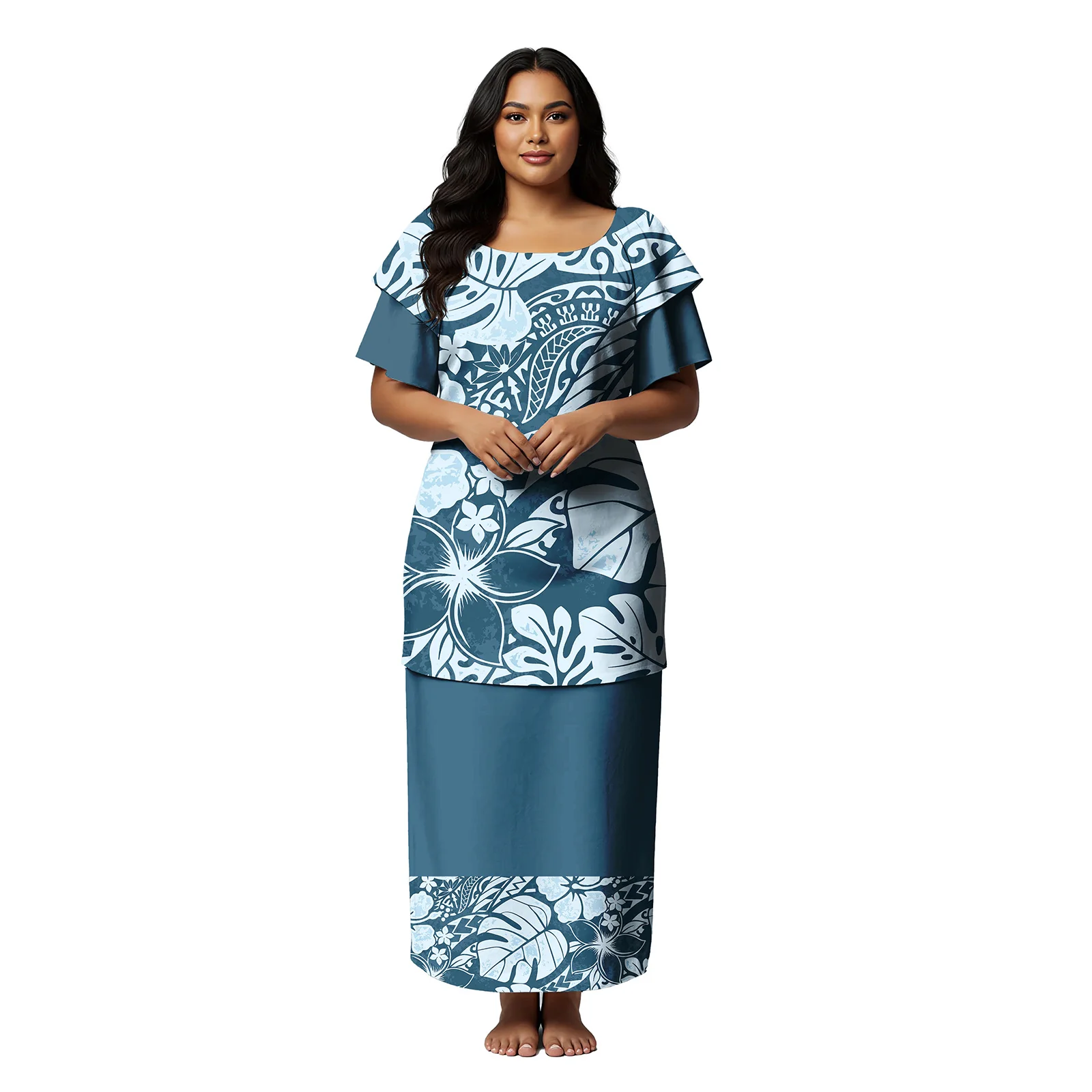 

Excellent Ladies Gift Custom Double Sleeve Clothes Samoan Elegant Fashion Maxi Skirts Aloha Dress Women Polynesian Puletasi Set