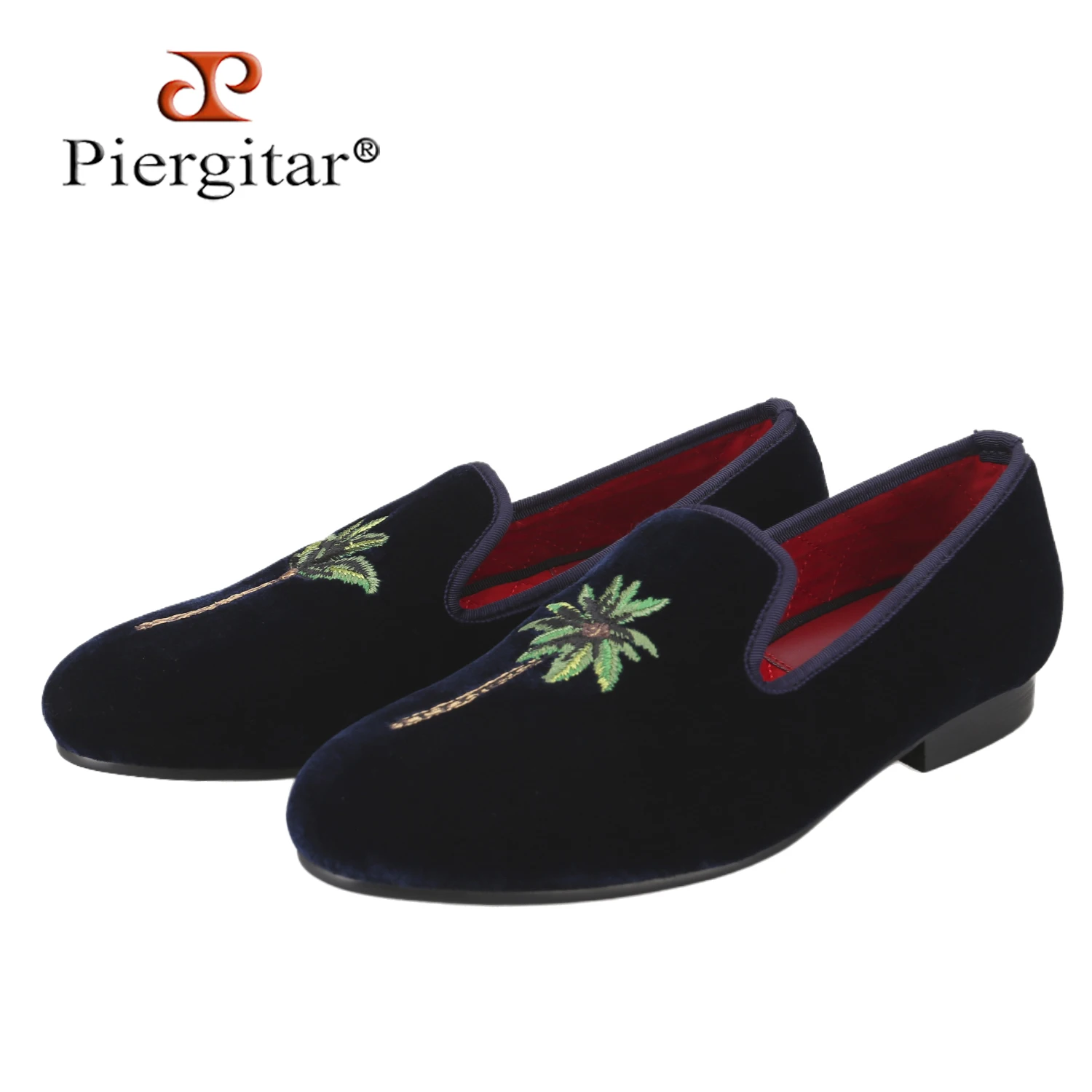 Piergitar Navy Color Velvet Of Coconut Trees Embroidery Men's Moccasin For Party And Banquet Wear British Style Handmade Loafers