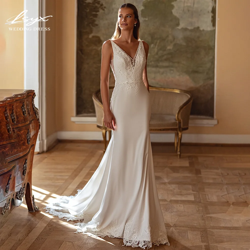 

LSYX Customized Mermaid Sleeveless Backless V-Neck Floor Length Bridal Gowns 2025 Satin Elegant Wedding Dress Vestidos De Novia