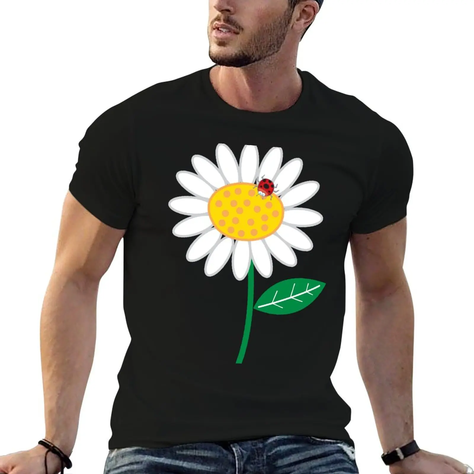 Whimsical Summer White Daisies and Red Ladybugs ? fatfatin T-Shirt Casual Simple Design Short Sleeve Shirt