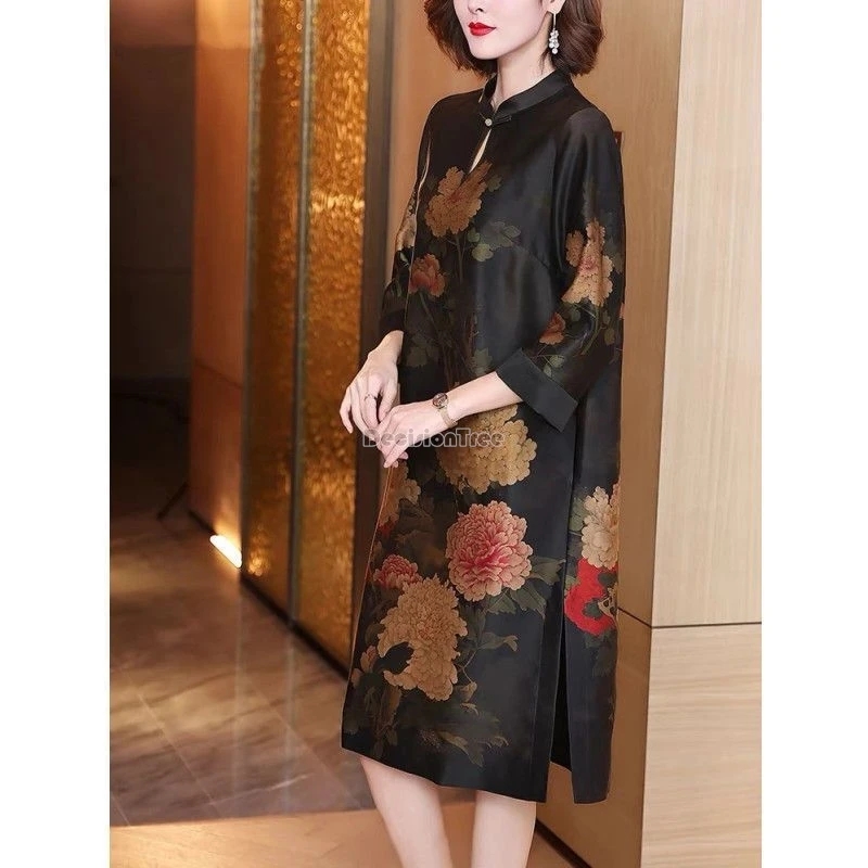 2024  chinese style disc buckle loose style printed cheongsam dress women spring stand collar retro daily long qipao skirt w300