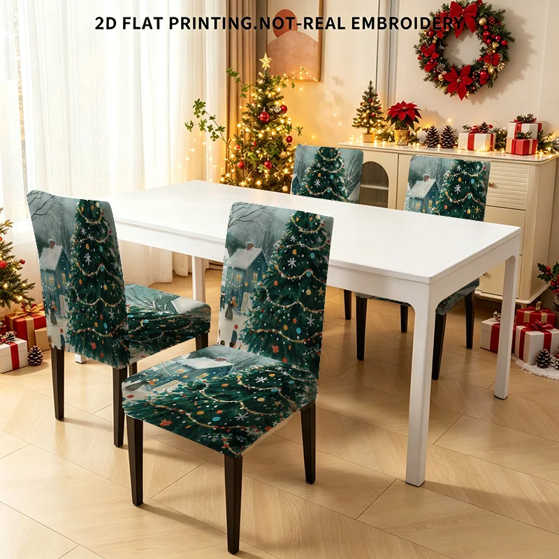2/4/6 PCS retro oil painting Christmas tree landscape elastic dining chair cover, winter snow town pattern, Christmas decoration