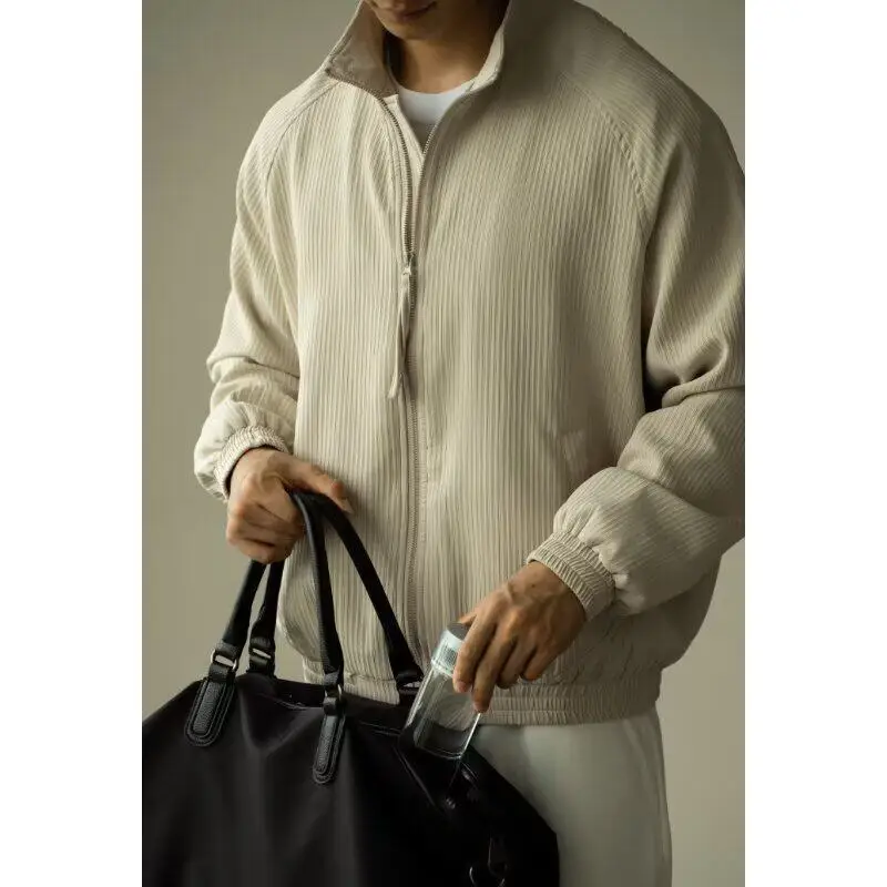 2026 Men's Solid Color Stand Collar Loose Corduroy Texture Comfortable Casual Trendy Versatile Commute Daily Wear Advanced Coat