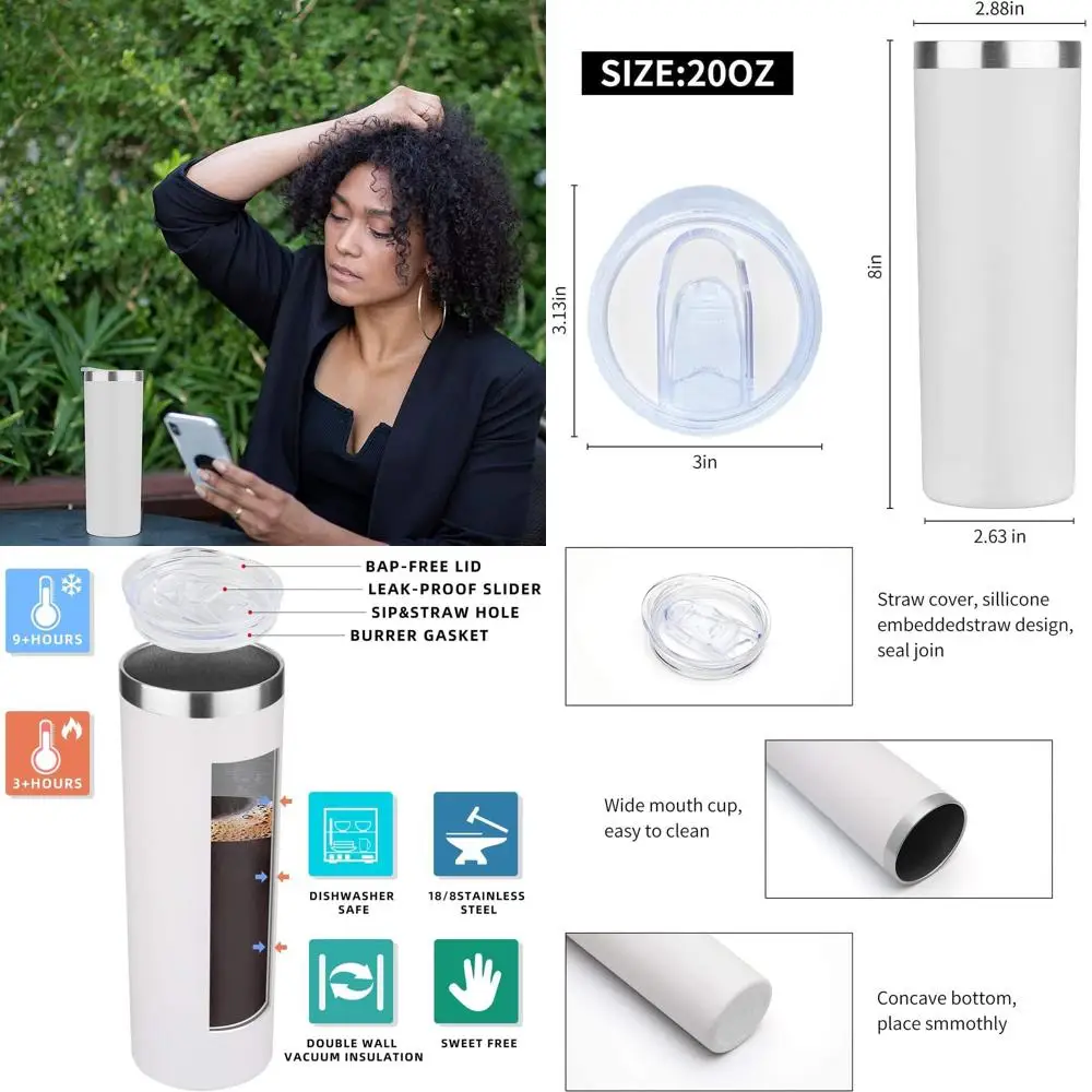 

Bulk Set of 12 Stainless Steel Insulated Skinny Tumblers, Reusable Double Wall Travel Mugs with Lids, Durable Powder Coated Wate