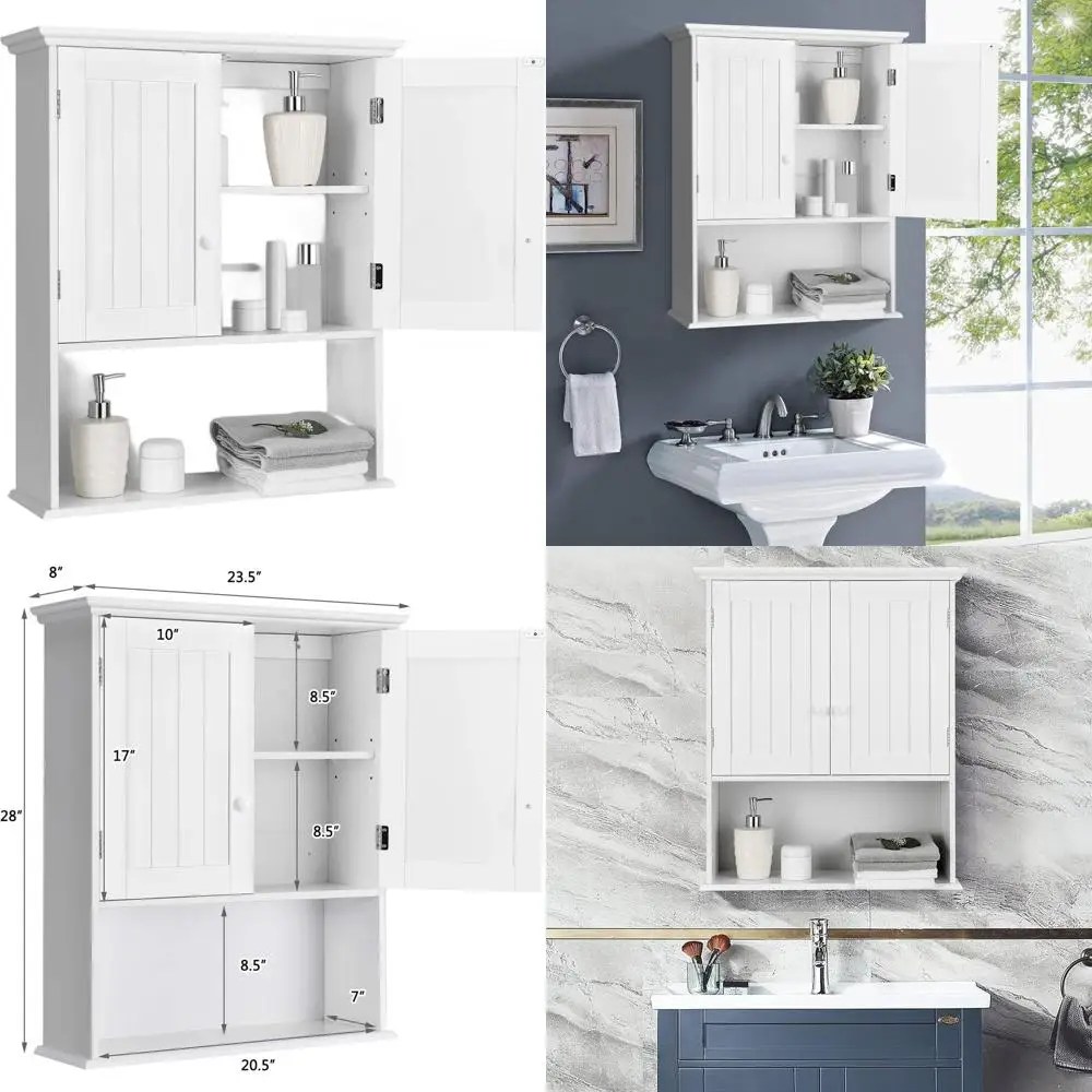

White Wooden 2-Door Wall-Mounted Medicine Cabinet with Adjustable Shelf and Ample Storage
