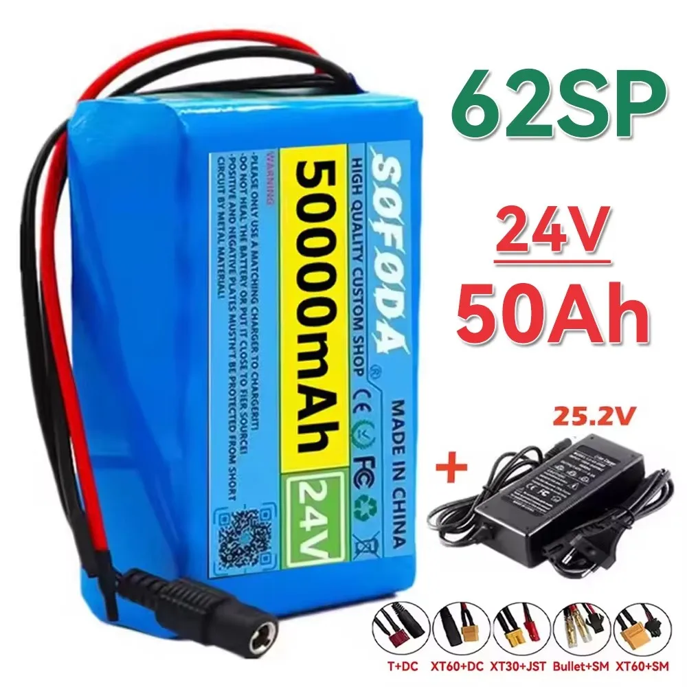 New 24V 6S2P 50Ah 18650 rechargeable lithium ion battery pack with BMS,for 24V camping equipment+optional connector+2A charger
