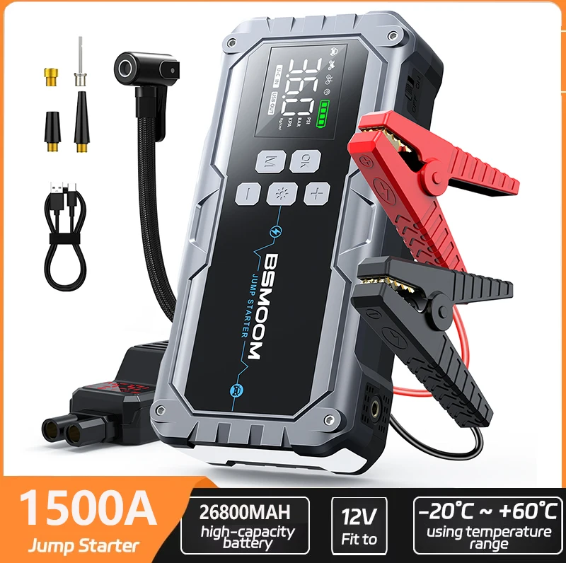 Démarreur de Voiture 1500A, Batterie Externe pour Démarrage de Voiture, Booster d'Urgence Portable 12V, Dispositif de Démarrage Auto Essence Diesel, Démarreur avec Lumière LED 600LM, Câbles de Démarrage, Écran LCD, Boîtier de Démarrage au Lithium Ultra-Sûr, Pince Électrique Intelligente, pour Camping & Randonnée