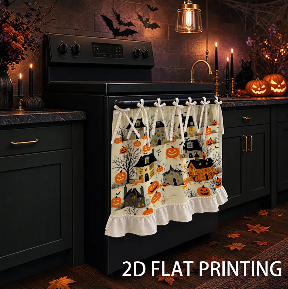 1PC kitchen stove curtain, cabinet curtain and apron. Featuring a 2D graphic design featuring holiday motifs of spooky houses, b