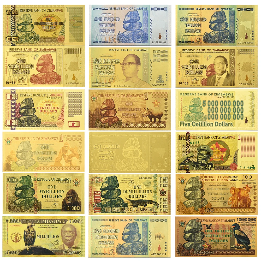 19 Zimbabwe Gold Foil Banknotes 100 Trillion One Hundred Yottalillion Dollars with UV Collection Holiday Gifts