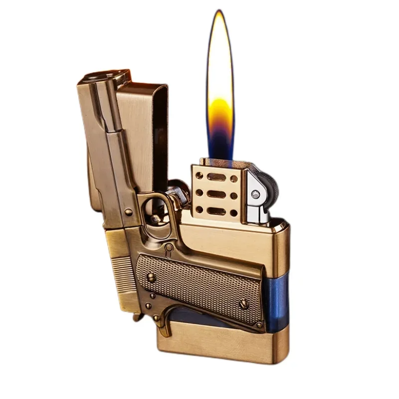 2024 Gun-Shaped Lighter Alloy Body Butane Torch Lighter Sand Wheel Ignition Smoking Lighter Men'S Gadgets Cool Gift