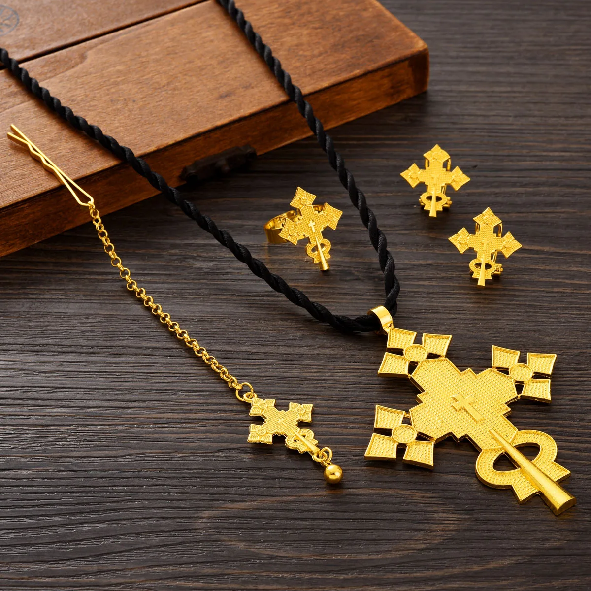 Ethiopian Jewelry Set Classic Simplicity Cross Sets Head Chain 4-Piece Set African Eritrean Wedding Engagement Gifts #179