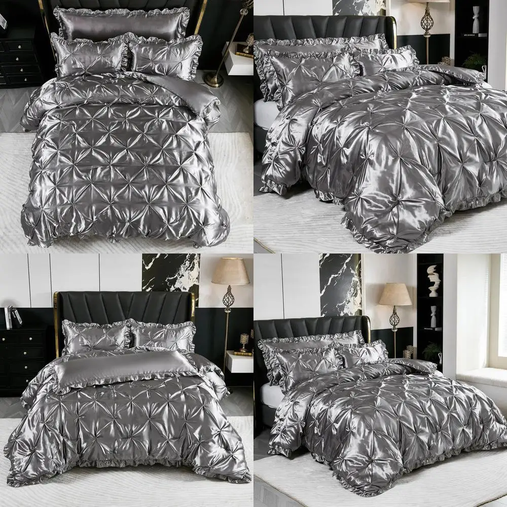 

Серый атласный пододеяльник с рюшами размера «king-size» — роскошное постельное белье из 4 предметов с подушкой для тела, идеально подходит для эстетической комнаты и всех сезонов