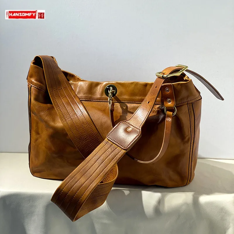 Italian Vegetable Tanned Cowhide Men's Bag Large Capacity Handbags Leather Shoulder Crossbody Bag Motorcycle Bags