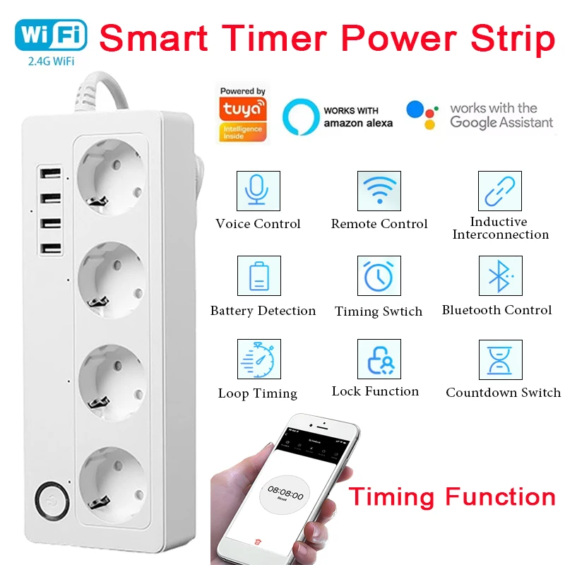 

TUYA Smart Power Strip WiFi Socket with USB Charge Outlet EU US Plug App Remote Control Home Office Bluetooth Electrical Socket