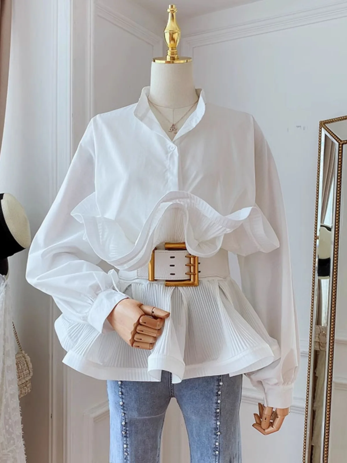 

Hebe Style Women's Shirt Slimming Bell Sleeve Long Shirt French Style Patchwork Gored Hemline Slim Fit Button up Top