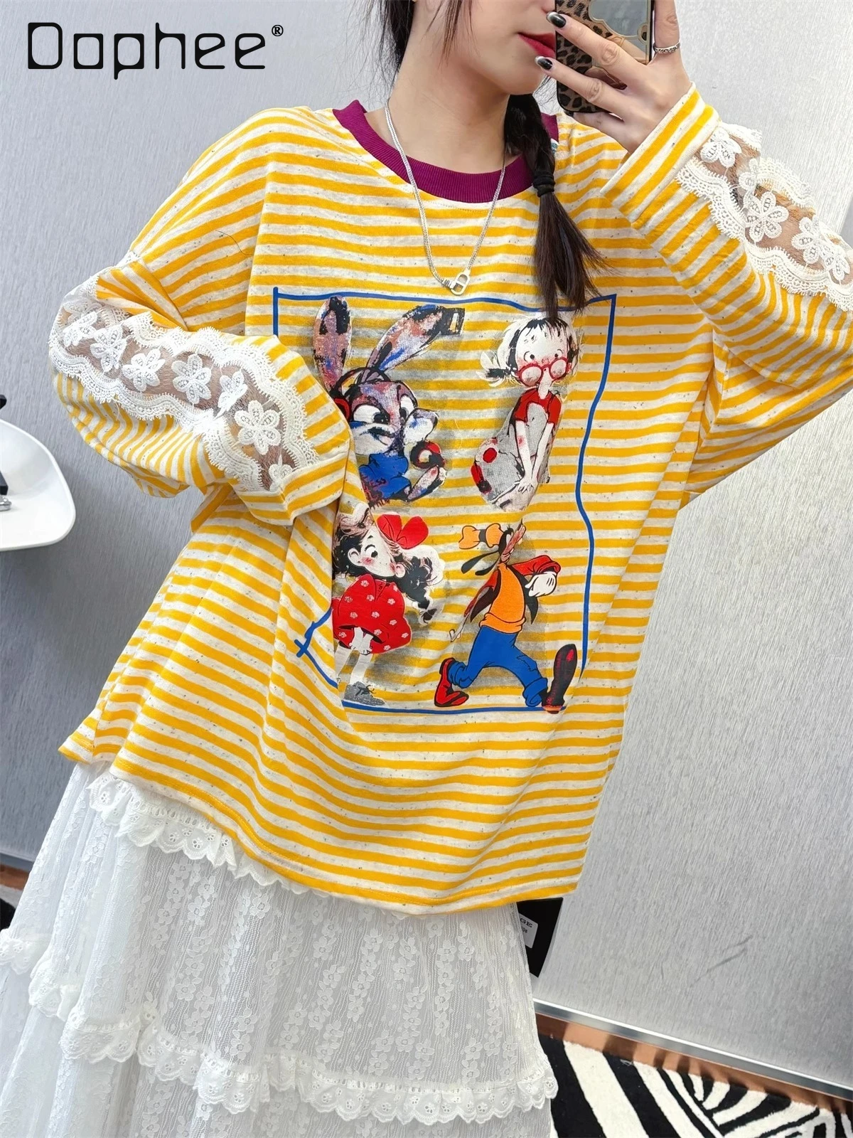 

Lace Patchwork Striped Long Sleeve T-Shirt for Women Loose Versatile Cartoon Print Round Neck Summer New Sun Protection Shirt
