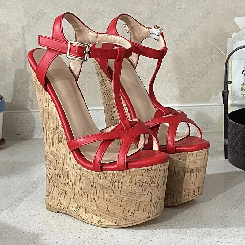 Ronticool Handmade Women T-strap Sandals Ultra High Wedges Heels Round Toe Classics Black Dress Shoes Ladies US Plus Size 5-15