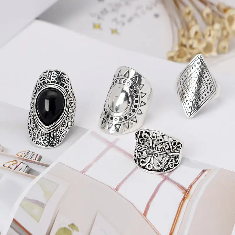 4pc Vintage Silver Plated Gypsy Boho Ethnic Ring Set