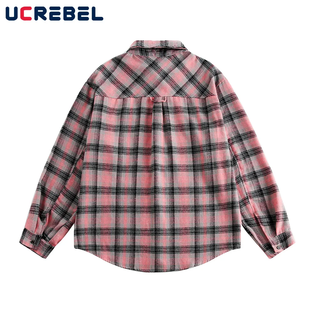 Pocket Plaid Long Sleeve Shirts Mens Single Breasted Autumn Streetwear Lapel Loose Curved Hem Shirts Men