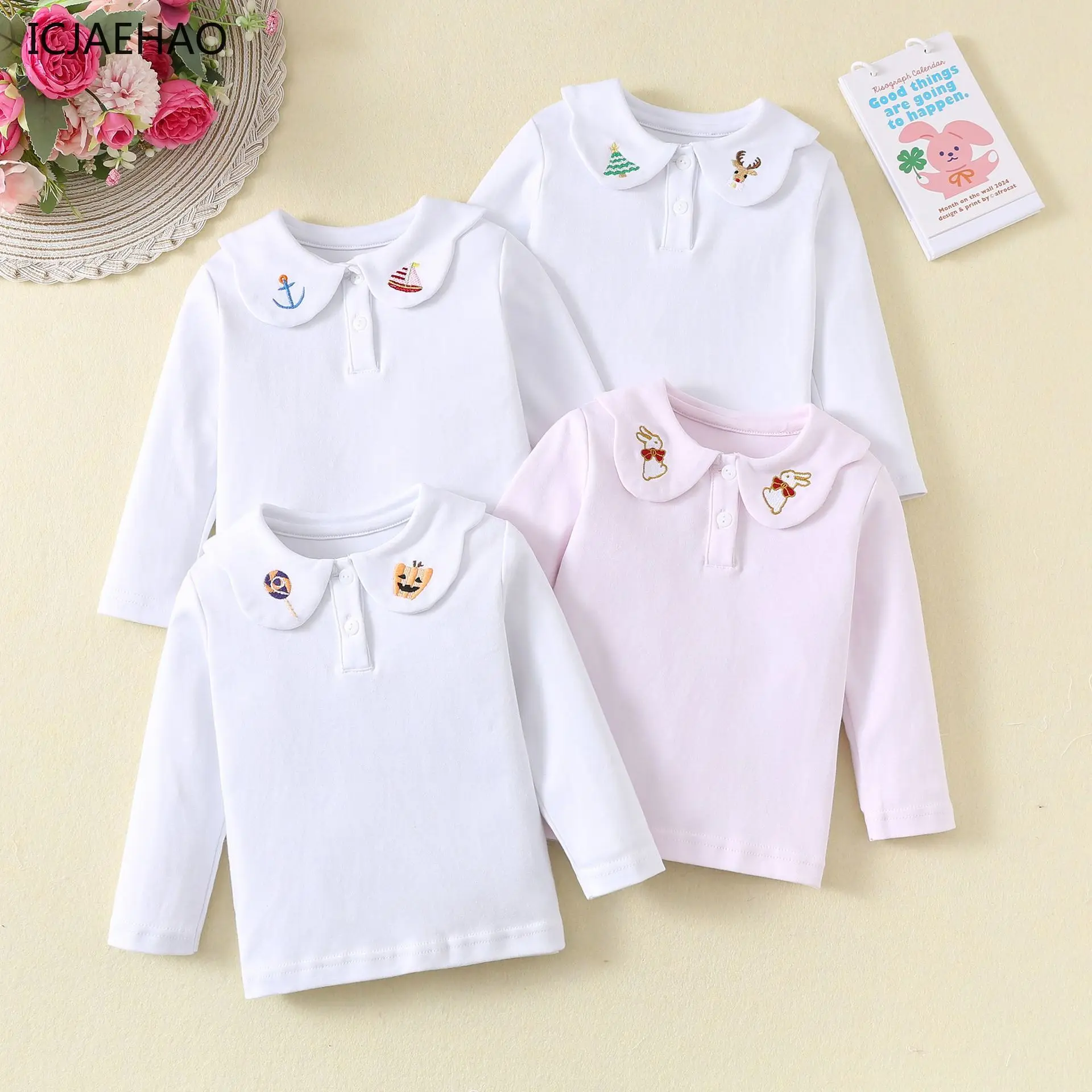 2025 ICJAEHAO Newborns Baby Girl T-Shirt Long Sleeve Doll Collar Cute Top Embroidered Girls Bottom Smocked Shirt Cotton Clothes