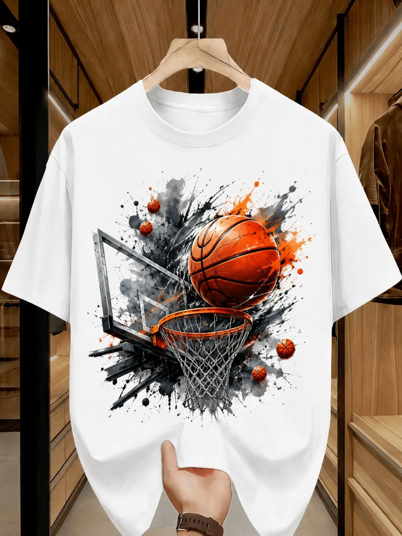 Men's White Basketball Hoop Splash Graphic T-Shirt - Short Sleeve Round Neck Casual Streetwear Tee with Hoop Print,  Summer Sports Apparel Suitable for Casual Outfits, Gym  Casual Attire