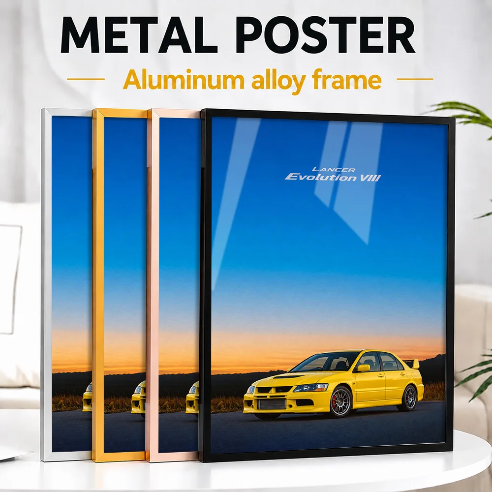 Japanese Lancer Evolution VIII Lightning Yellow Sports Car Framed Metal Print Customized Road Legacy Wall Art Enhances Workshop