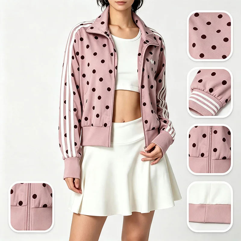 Adidas Trefoil Vintage Fashion Jack Women Knit Cropped Jacket Regular Fit Funnel Collar Full Zip Polka Dot Sports Outerwear 5