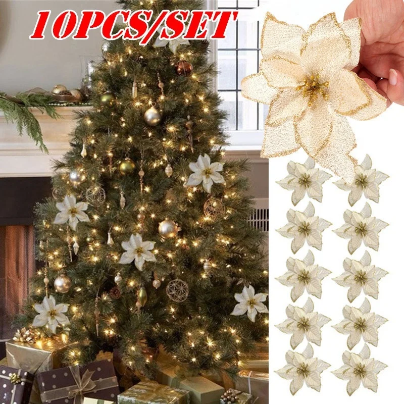 10PCS 13cm Christmas Flowers Artificial Christmas Tree Ornaments Gold Poinsettia Flower Head Home Christmas Tree Decorations