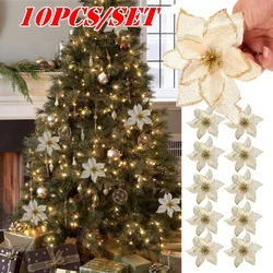 10PCS 13cm Christmas Flowers Artificial Christmas Tree Ornaments Gold Poinsettia Flower Head Home Christmas Tree Decorations