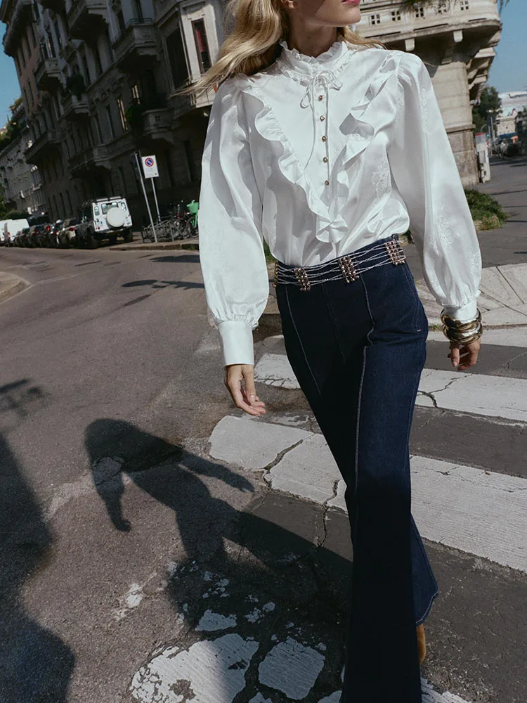 Autumn New Arrival Women's Casual Long Sve Satin Feel irt Versatile Floral Embroidery Ele Faionable Ladies' Top