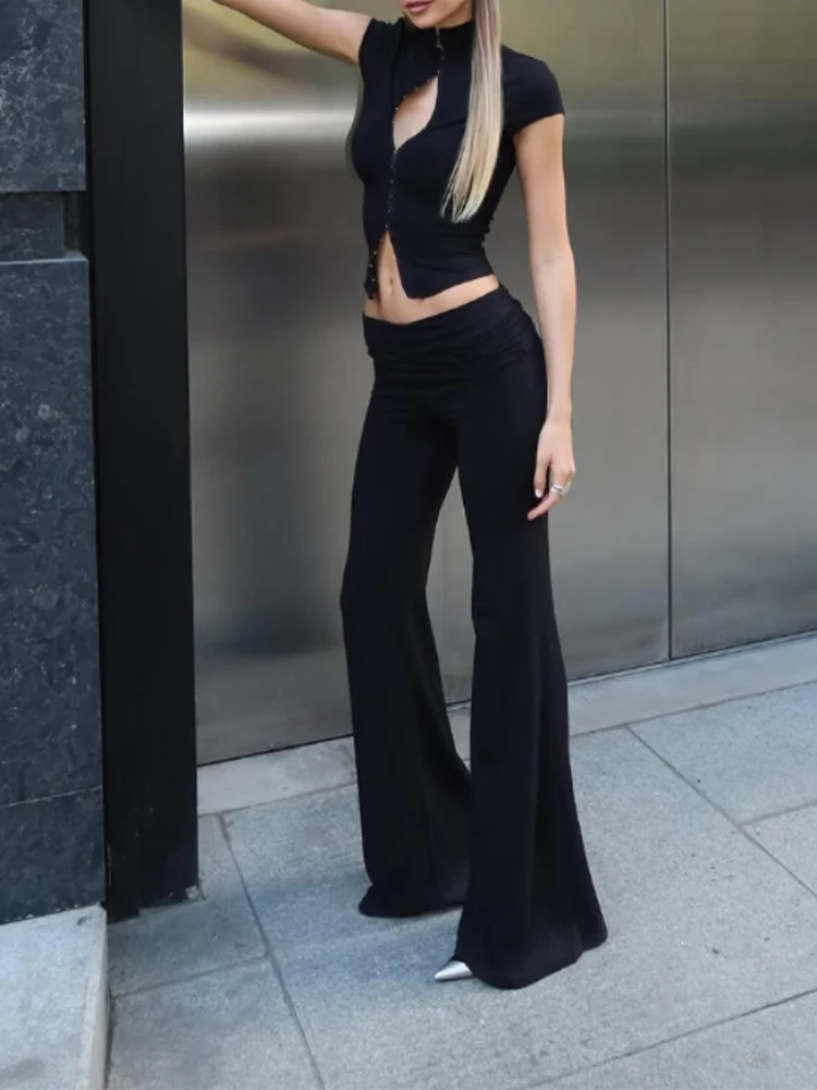 NewWomen's Fashion Short Sleeve Pants Set Chic Tight Zipper Top Straight Leg Low Waist Trousers Casual Streetwear Commute Outfit