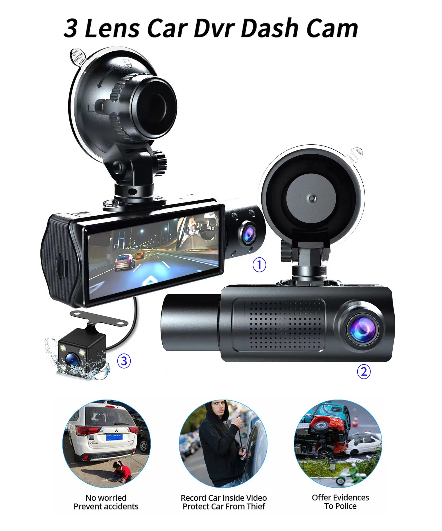 3.16'' HD Car Dash Camera 1080P Triple Lens DVR Front + Cabin + Rear 3-Channel Recording with Parking Monitor & Reverse Assist