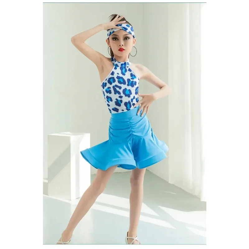 Blauwe Latin-danskostuums met luipaardprint voor kinderen, sexy patchwork, Cha Cha Tango, klassieke stijl