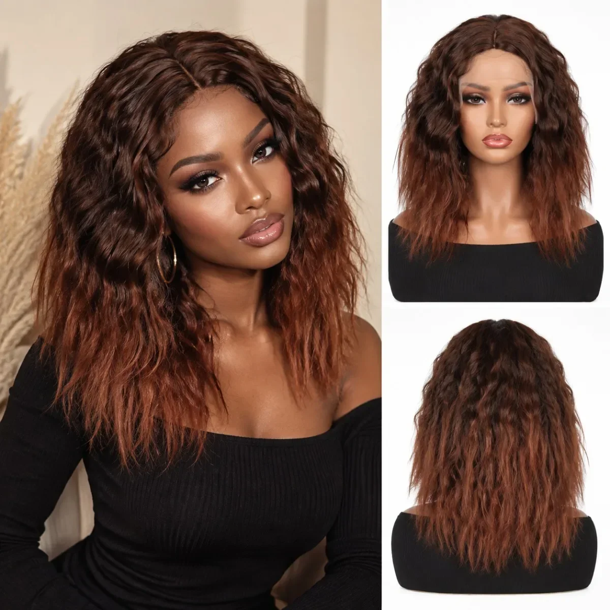 Ombre Brown to Auburn Short Water Wave Lace Front Wigs for Black Women, Fluffy Curly Synthetic Wig Pre Plucked Hairline Heat