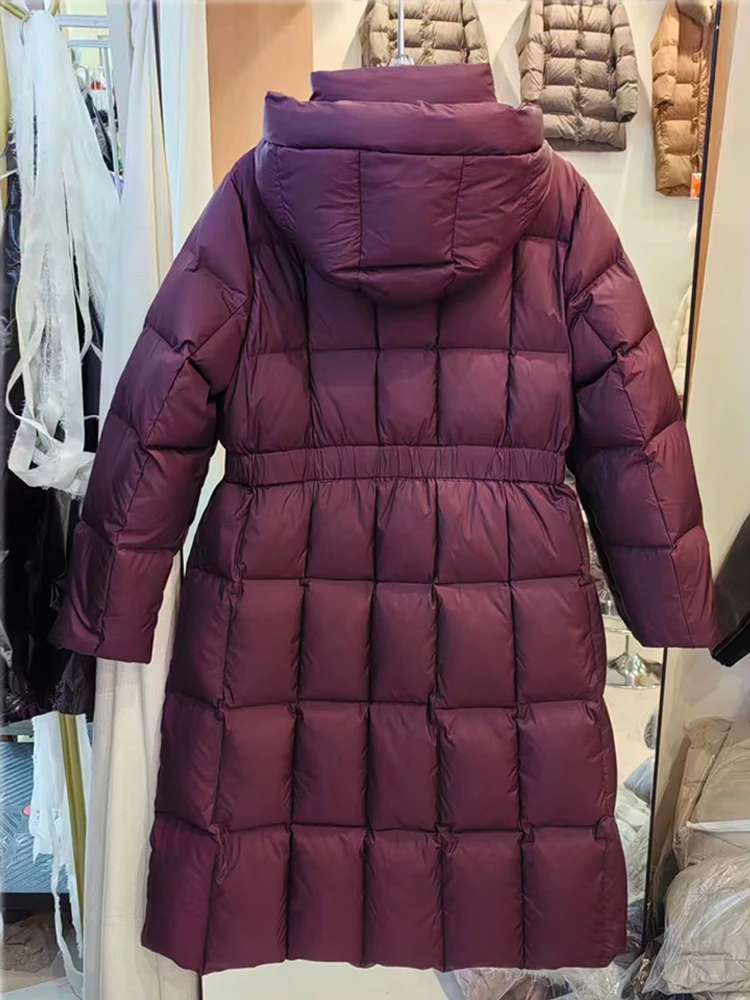 Feminino meados de longo cruz joelho com capuz jaqueta versão coreana 2025 inverno novo fino e grosso pato branco para baixo casaco