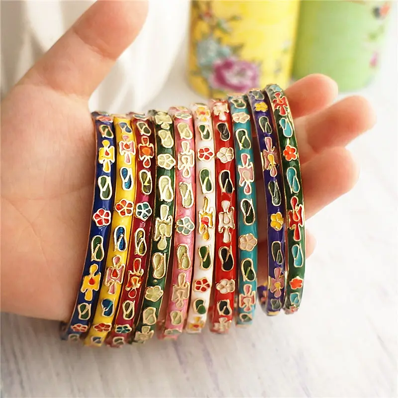 Vintage Cloisonne Enamels Thin Color Bangles for Women Accessories Chinese Traditional Handicrafts Bracelets