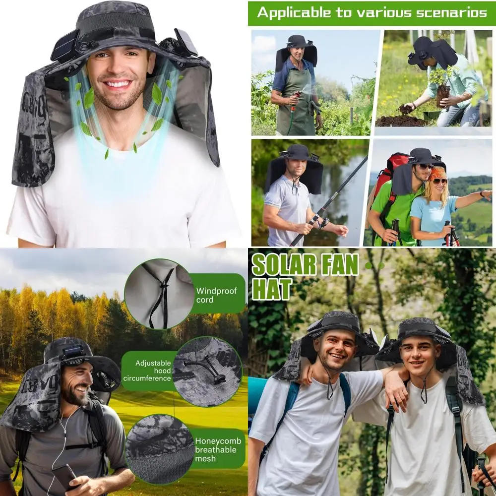 

Chuarry Wide Brim Sun Hat with 2 Fan Outdoor Solar Powered USB Charging Fishing Hat with Neck Flap for Men Women
