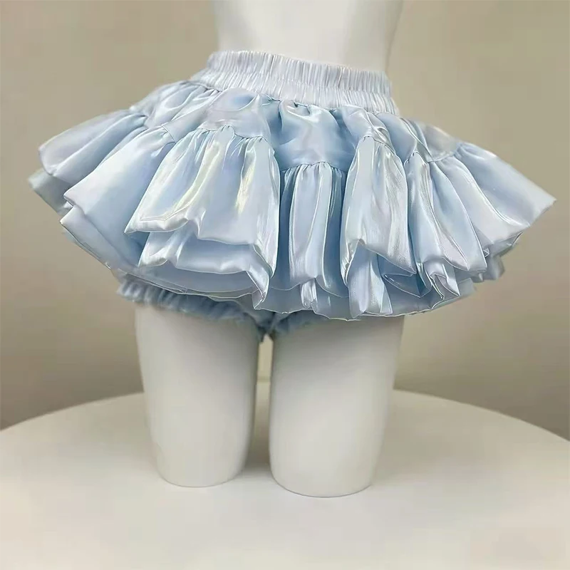 Pearlescent Satin Puff Skirt White Ballet Style High Waist Slim Ruffle Lolita Half Skirt For Sweet Girls Casual Fashion Outfit