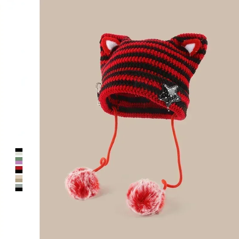 Handmade Y2k Japanese Cat Ear Beanies Rabbit Hair Pom-pom Striped Sweetheart Girl Knit Cap Autumn and Winter Warm Women\'s Hats