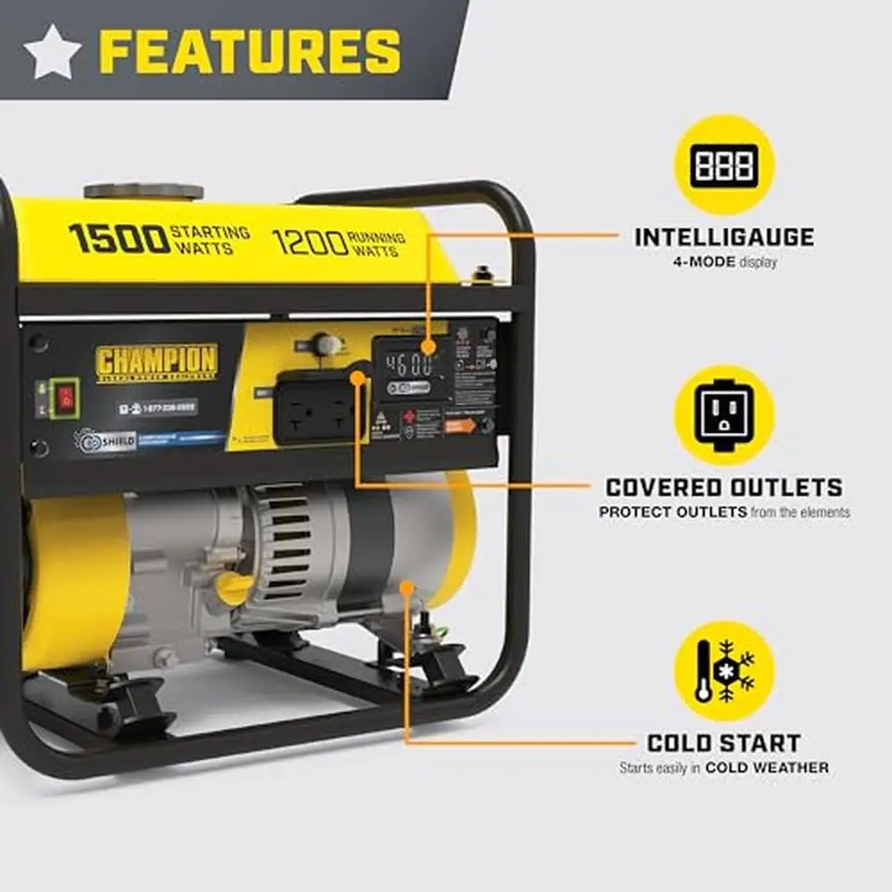 1500W Portable Generator CO Shield Safety Intelligauge 10HR Run Time Gas Powered 120V Outlet