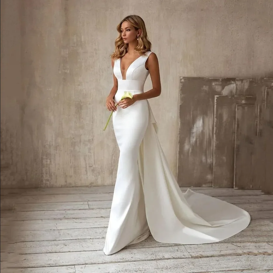 

Satin V Neck Mermaid Wedding Dresses Bridal Gowns With Sweep Train Bow Back 2025 Arabic Custom Made Vestido De Novia Ne