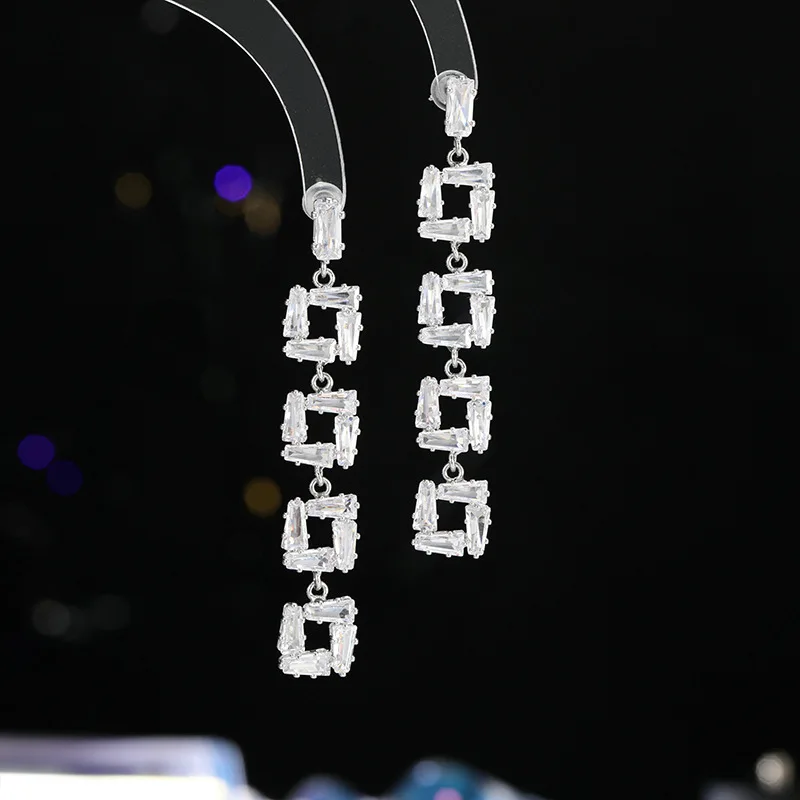 

High-end zirconium tassel earrings, women's s925 silver needle geometric square stud earrings, elegant and fashionable earrings