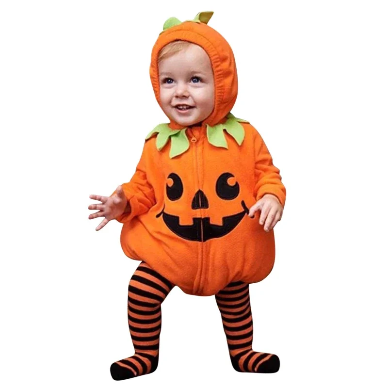 Conjunto de ropa de Halloween para niños y niñas, Pelele con capucha y cremallera de lana de manga larga, traje de otoño, novedad