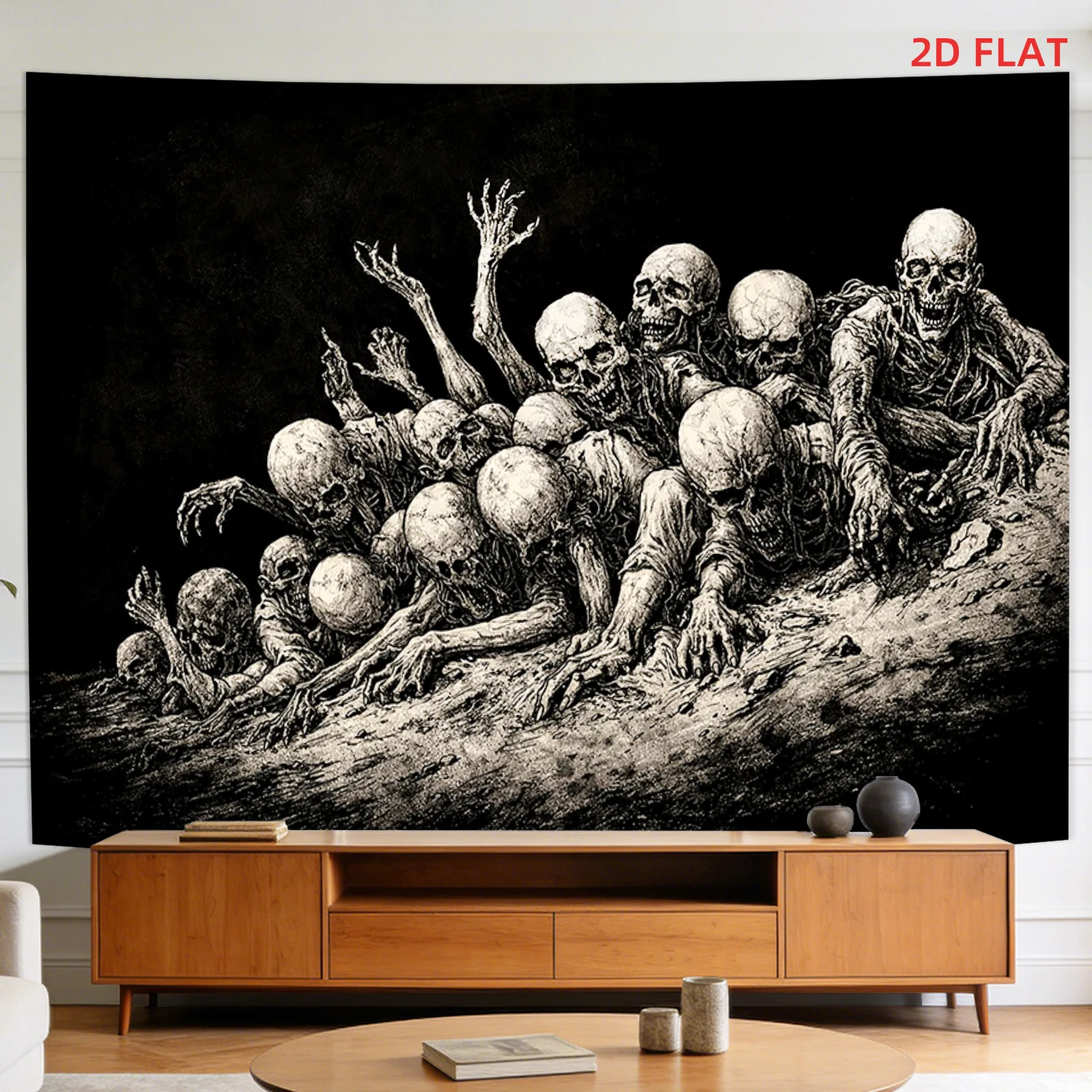Zombie Apocalypse Tapestry, Horror Skeleton & Undead Army Art, Dark Gothic Wall Hanging, Spooky Halloween Decor, Black White