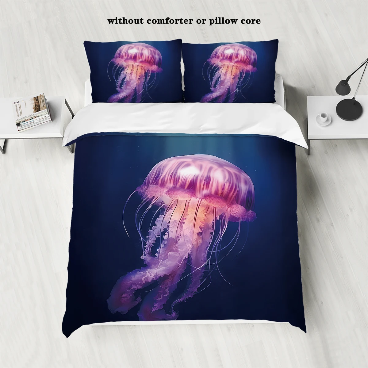 3-piece down set with marine life purple glowing jellyfish print pattern (1 down duvet cover+2 pillowcases, coreless) bedding