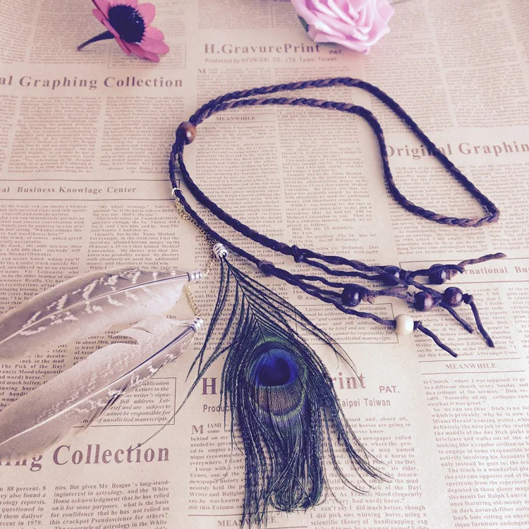 New Women Peacock Feather Headband Bohemian Indian Bride Headband Wooden Bead Twieted Hair Band Hair Jewelry A5022