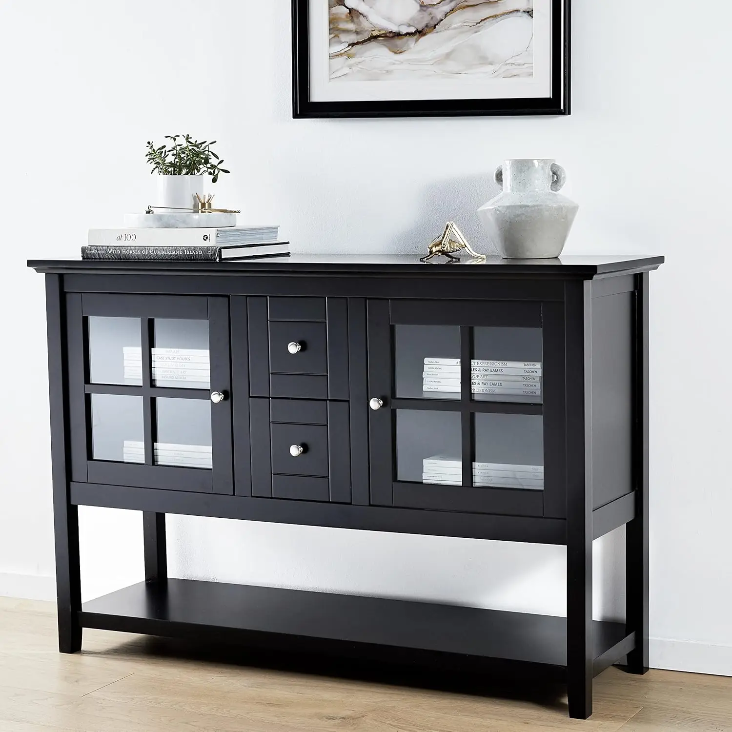 

Classic Glass Door Storage Buffet with 2 Doors, 2 Adjustable Shelves and Bottom Shelf, 16"D x 53"W x 35"H, Black