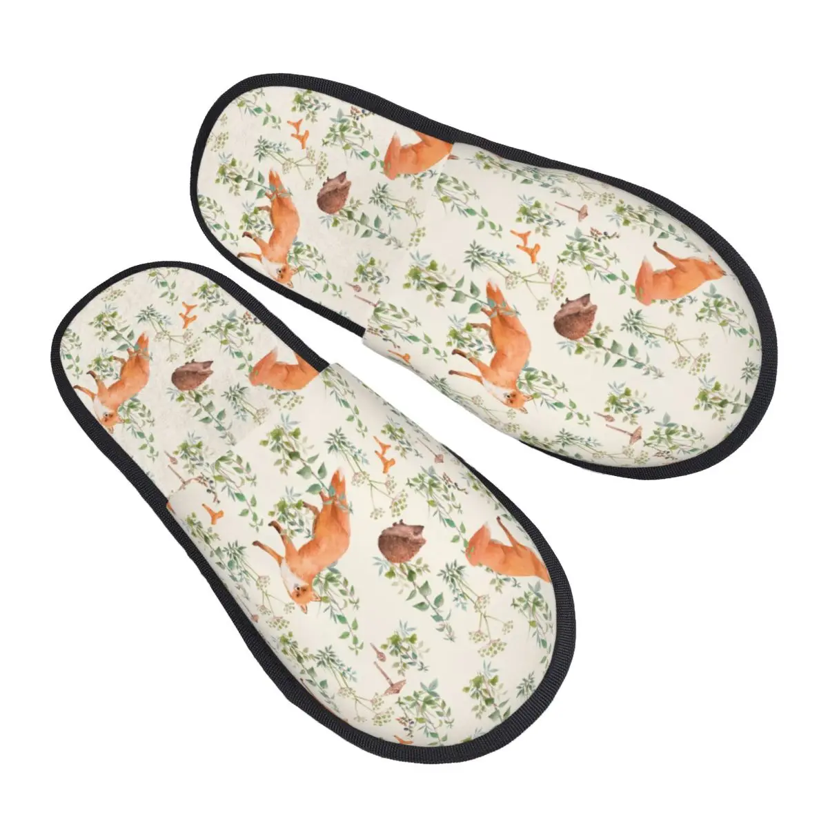 

Winter Slipper Woman Man Fluffy Warm Slippers Forest Plants And Fox Illustration House Slippers Shoes